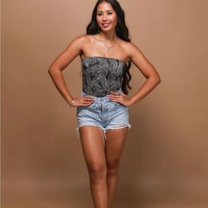 Strapless Leaf Print Bodysuit - Black/White